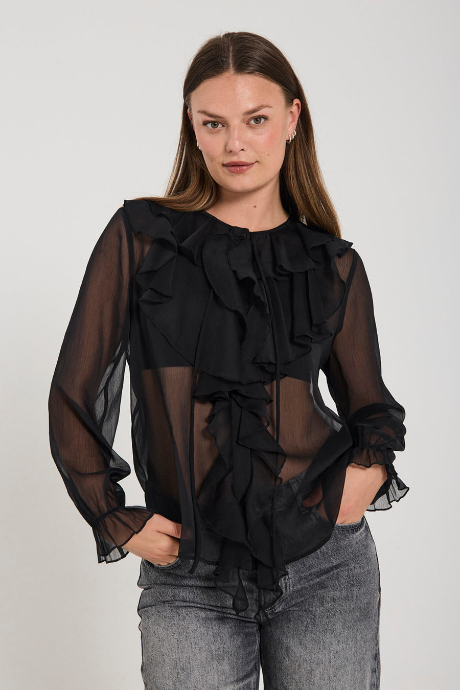 FQDITTE - BLUSE MED FLÆSEDETALJER - SORT